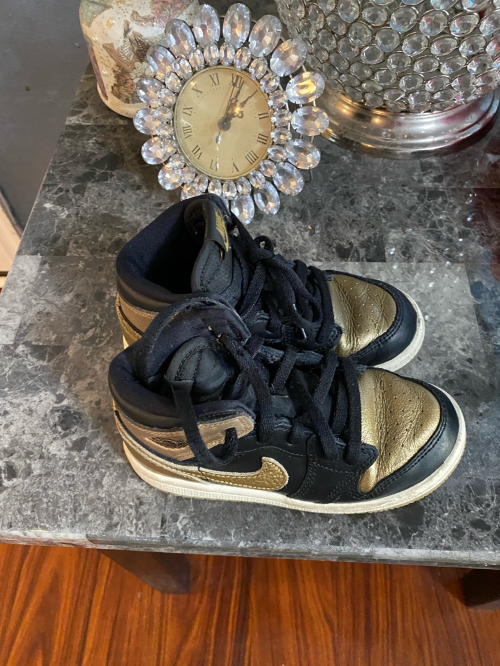 Jordan Kids Black and Metallic Gold High-Top Sneakers